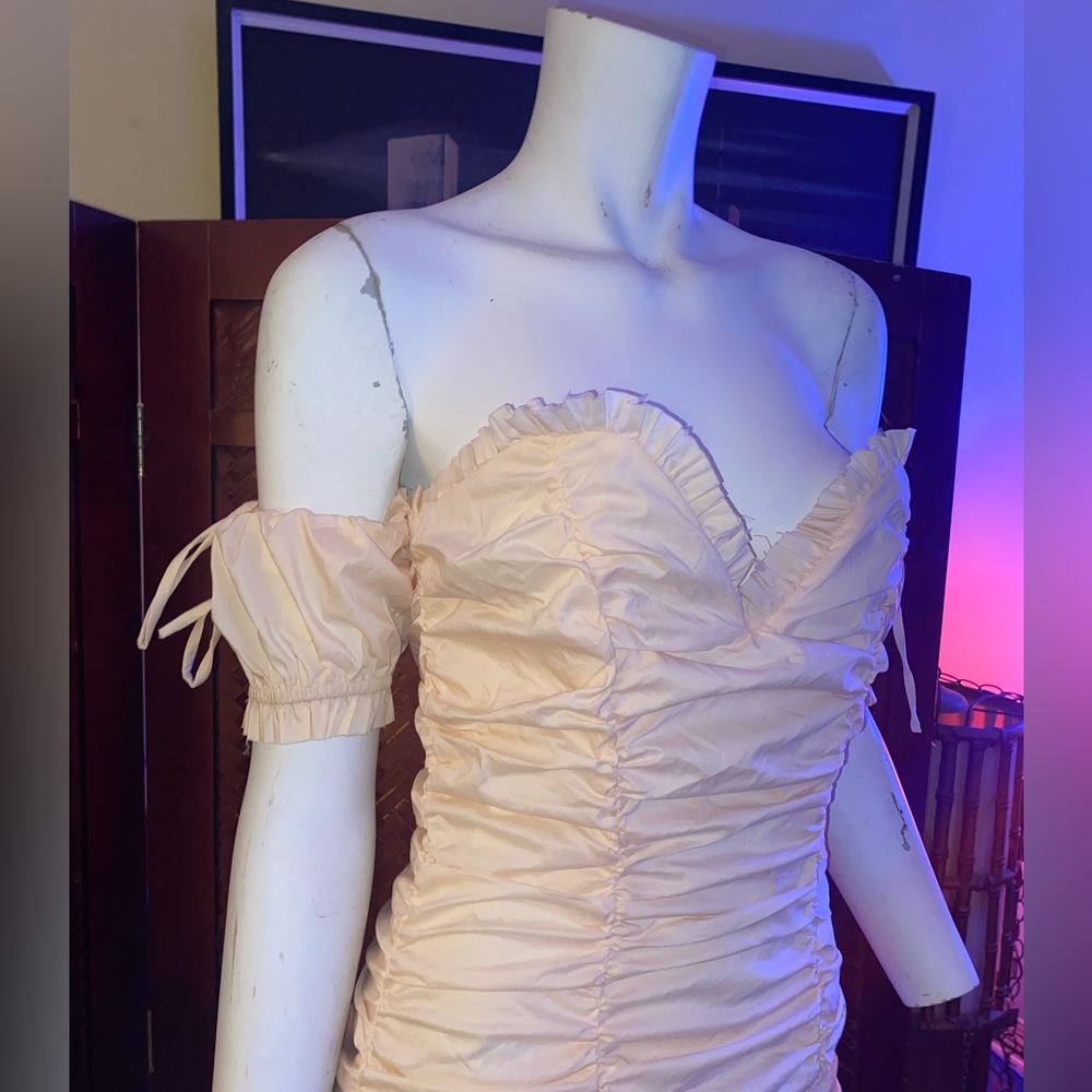 Ladies Coquette ruched Lolita mini beige ruffle cocktail dress quaint chic - Picture 6 of 12